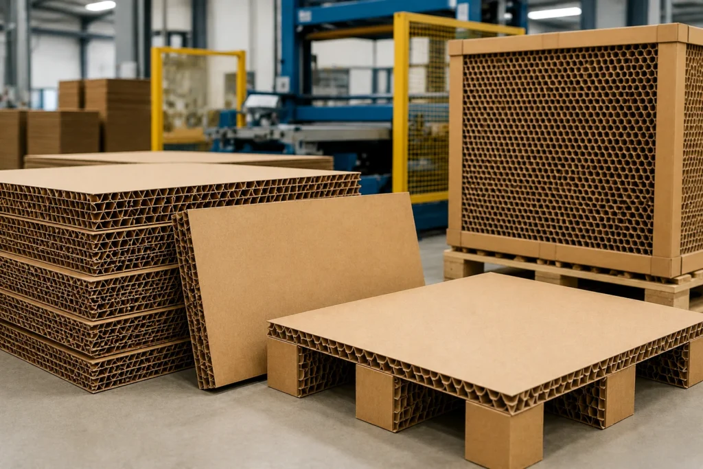 Paper honeycomb panels and pallets produced for industrial packaging